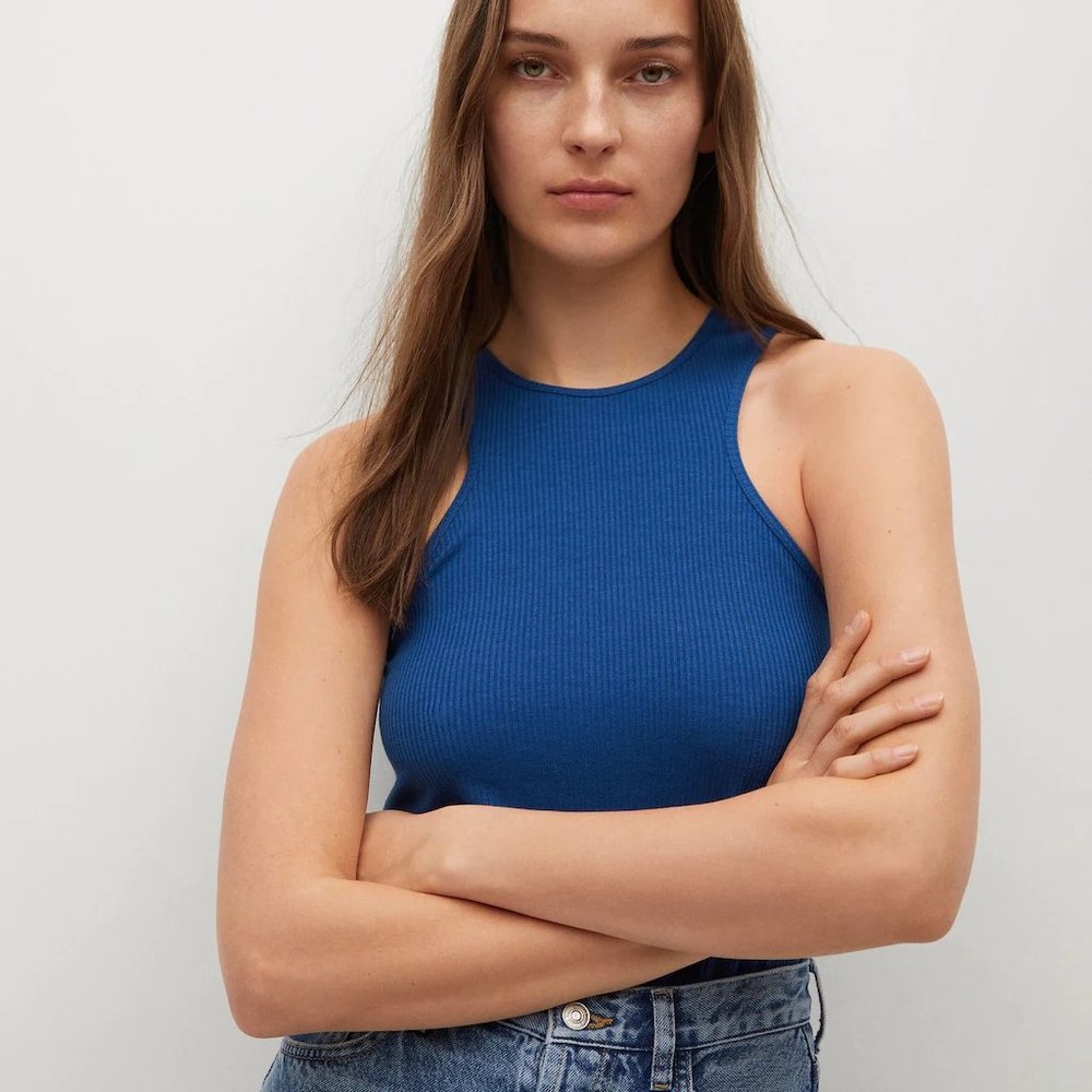 *NWT* MANGO Blue cut out rib knit top